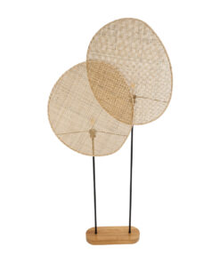 GloboStar® AZUL 02232 Boho Επιδαπέδιο Φωτιστικό Διφωτο 2 x E27 AC220-240V IP20 – Μ90 x Π17 x Υ170cm – Μπεζ Ξύλινο με Μαύρο Μεταλλικό και Μπεζ Ξύλινο Πλέγμα – 5 Χρόνια Εγγύηση