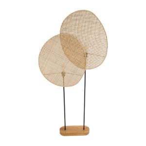 GloboStar® AZUL 02232 Boho Επιδαπέδιο Φωτιστικό Διφωτο 2 x E27 AC220-240V IP20 – Μ90 x Π17 x Υ170cm – Μπεζ Ξύλινο με Μαύρο Μεταλλικό και Μπεζ Ξύλινο Πλέγμα – 5 Χρόνια Εγγύηση