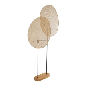 GloboStar® AZUL 02232 Boho Επιδαπέδιο Φωτιστικό Διφωτο 2 x E27 AC220-240V IP20 – Μ90 x Π17 x Υ170cm – Μπεζ Ξύλινο με Μαύρο Μεταλλικό και Μπεζ Ξύλινο Πλέγμα – 5 Χρόνια Εγγύηση