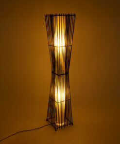 GloboStar® PALMA 02274 Boho Επιδαπέδιο Φωτιστικό Δίφωτο 2 x E27 AC220-240V IP20 – Μ25 x Π25 x Υ140cm – Μαύρο Ξύλινο Μπαμπού Πλέγμα με Μπεζ Ύφασμα – 5 Χρόνια Εγγύηση