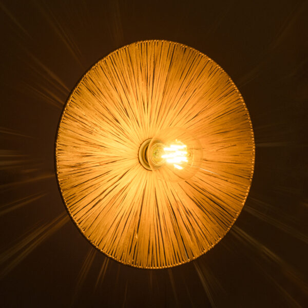 GloboStar® COLOMBO 02277 Boho Φωτιστικό Τοίχου – Απλίκα Μονόφωτο 1 x E27 AC 220-240V IP20 – Φ40 x Υ4.5cm – Μπεζ Καφέ Φυσική Ράφια Άχυρο Πλέγμα – 5 Χρόνια Εγγύηση