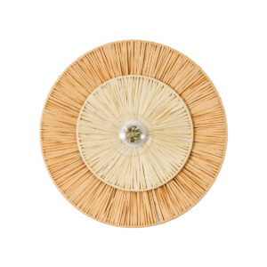 GloboStar® COLOMBO 02278 Boho Φωτιστικό Τοίχου – Απλίκα Μονόφωτο 1 x E27 AC 220-240V IP20 – Φ40 x Υ4.5cm – Μπεζ με Μπεζ Καφέ Φυσική Ράφια Άχυρο Πλέγμα – 5 Χρόνια Εγγύηση