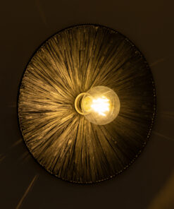 GloboStar® COLOMBO 02279 Boho Φωτιστικό Τοίχου – Απλίκα Μονόφωτο 1 x E27 AC 220-240V IP20 – Φ40 x Υ4.5cm – Μαύρη Φυσική Ράφια Άχυρο Πλέγμα – 5 Χρόνια Εγγύηση