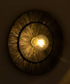 GloboStar® COLOMBO 02280 Boho Φωτιστικό Τοίχου – Απλίκα Μονόφωτο 1 x E27 AC 220-240V IP20 – Φ40 x Υ4.5cm – Μαύρη Φυσική Ράφια Άχυρο Πλέγμα – 5 Χρόνια Εγγύηση