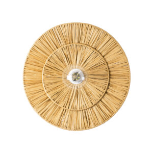 GloboStar® COLOMBO 02284 Boho Φωτιστικό Τοίχου – Απλίκα Μονόφωτο 1 x E27 AC 220-240V IP20 – Φ40 x Υ4.5cm – Μπεζ Καφέ Φυσική Ράφια Άχυρο Πλέγμα – 5 Χρόνια Εγγύηση