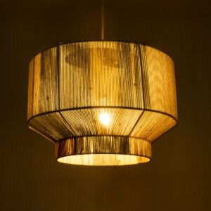 GloboStar® SALERNO 02290 Boho Κρεμαστό Φωτιστικό Οροφής Μονόφωτο 1 x E27 AC220-240V IP20 – Φ50 x Υ35cm – Γρι με Κίτρινο και Μπεζ – Καφέ με Μωβ Λεπτομέρεια Λεπτό Νήμα Πλέγμα Βαμβακερό Καπέλο – 5 Χρόνια Εγγύηση