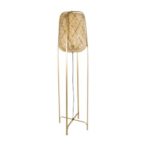 GloboStar® MEILANI 02301 Boho Επιδαπέδιο Φωτιστικό Μονόφωτο 1 x E27 AC220-240V IP20 – Φ40 x Υ150cm – Χρυσό Μεταλλικό με Μπεζ Ξύλινο Ρατάν Πλέγμα – 5 Χρόνια Εγγύηση