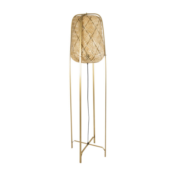 GloboStar® MEILANI 02301 Boho Επιδαπέδιο Φωτιστικό Μονόφωτο 1 x E27 AC220-240V IP20 – Φ40 x Υ150cm – Χρυσό Μεταλλικό με Μπεζ Ξύλινο Ρατάν Πλέγμα – 5 Χρόνια Εγγύηση
