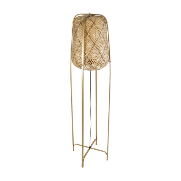 GloboStar® MEILANI 02301 Boho Επιδαπέδιο Φωτιστικό Μονόφωτο 1 x E27 AC220-240V IP20 – Φ40 x Υ150cm – Χρυσό Μεταλλικό με Μπεζ Ξύλινο Ρατάν Πλέγμα – 5 Χρόνια Εγγύηση