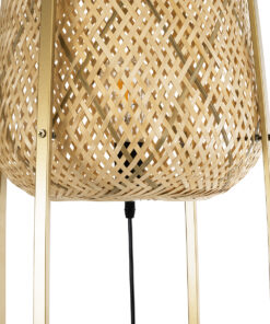 GloboStar® MEILANI 02301 Boho Επιδαπέδιο Φωτιστικό Μονόφωτο 1 x E27 AC220-240V IP20 – Φ40 x Υ150cm – Χρυσό Μεταλλικό με Μπεζ Ξύλινο Ρατάν Πλέγμα – 5 Χρόνια Εγγύηση