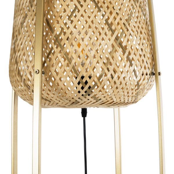 GloboStar® MEILANI 02301 Boho Επιδαπέδιο Φωτιστικό Μονόφωτο 1 x E27 AC220-240V IP20 – Φ40 x Υ150cm – Χρυσό Μεταλλικό με Μπεζ Ξύλινο Ρατάν Πλέγμα – 5 Χρόνια Εγγύηση