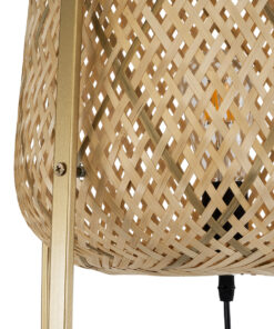 GloboStar® MEILANI 02301 Boho Επιδαπέδιο Φωτιστικό Μονόφωτο 1 x E27 AC220-240V IP20 – Φ40 x Υ150cm – Χρυσό Μεταλλικό με Μπεζ Ξύλινο Ρατάν Πλέγμα – 5 Χρόνια Εγγύηση