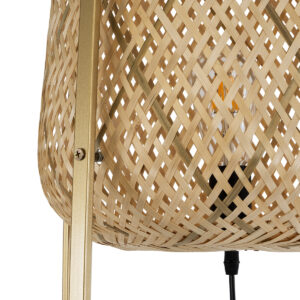 GloboStar® MEILANI 02301 Boho Επιδαπέδιο Φωτιστικό Μονόφωτο 1 x E27 AC220-240V IP20 – Φ40 x Υ150cm – Χρυσό Μεταλλικό με Μπεζ Ξύλινο Ρατάν Πλέγμα – 5 Χρόνια Εγγύηση