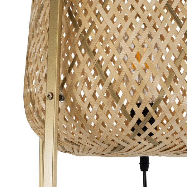 GloboStar® MEILANI 02301 Boho Επιδαπέδιο Φωτιστικό Μονόφωτο 1 x E27 AC220-240V IP20 – Φ40 x Υ150cm – Χρυσό Μεταλλικό με Μπεζ Ξύλινο Ρατάν Πλέγμα – 5 Χρόνια Εγγύηση