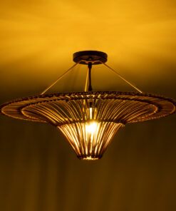 GloboStar® PALERMO 02308 Boho Φωτιστικό Οροφής Μονόφωτο 1 x E27 AC220-240V IP20 – Φ60 x Υ36cm – Μπεζ Καφέ Ξύλινο Μπαμπού Πλέγμα – 5 Χρόνια Εγγύηση