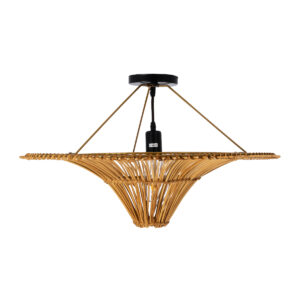 GloboStar® PALERMO 02308 Boho Φωτιστικό Οροφής Μονόφωτο 1 x E27 AC220-240V IP20 – Φ60 x Υ36cm – Μπεζ Καφέ Ξύλινο Μπαμπού Πλέγμα – 5 Χρόνια Εγγύηση