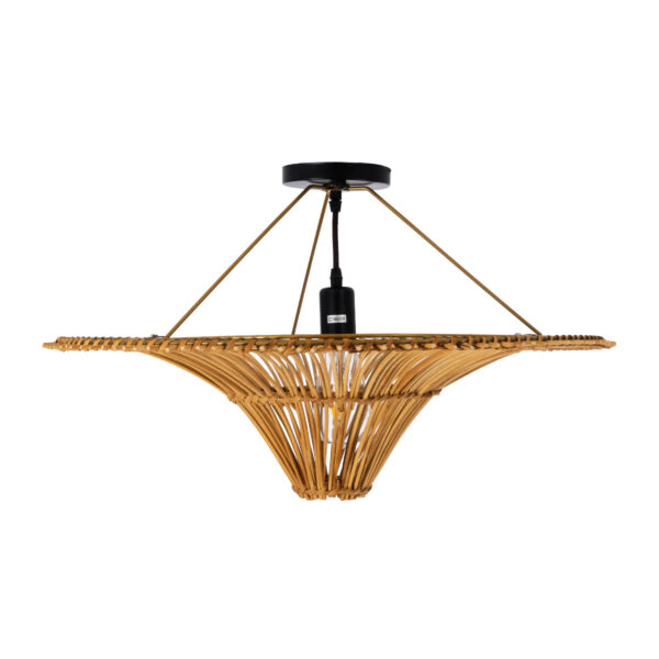 GloboStar® PALERMO 02308 Boho Φωτιστικό Οροφής Μονόφωτο 1 x E27 AC220-240V IP20 – Φ60 x Υ36cm – Μπεζ Καφέ Ξύλινο Μπαμπού Πλέγμα – 5 Χρόνια Εγγύηση