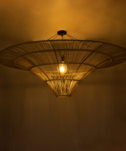 GloboStar® PALERMO 02309 Boho Φωτιστικό Οροφής Μονόφωτο 1 x E27 AC220-240V IP20 – Φ150 x Υ78cm – Μπεζ Ξύλινο Μπαμπού Πλέγμα – 5 Χρόνια Εγγύηση