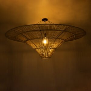 GloboStar® PALERMO 02309 Boho Φωτιστικό Οροφής Μονόφωτο 1 x E27 AC220-240V IP20 – Φ150 x Υ78cm – Μπεζ Ξύλινο Μπαμπού Πλέγμα – 5 Χρόνια Εγγύηση