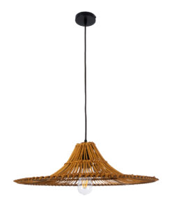 GloboStar® PALERMO 02310 Boho Κρεμαστό Φωτιστικό Οροφής Μονόφωτο 1 x E27 AC220-240V IP20 – Φ60 x Υ18cm – Μπεζ Καφέ Ξύλινο Μπαμπού Πλέγμα – 5 Χρόνια Εγγύηση