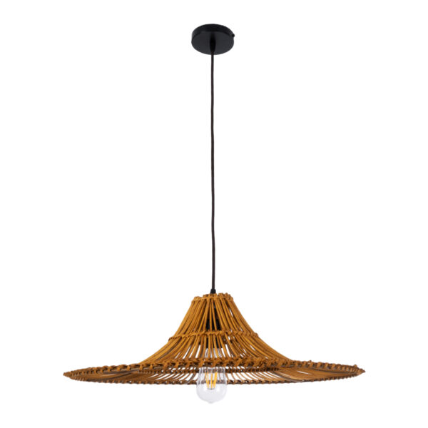 GloboStar® PALERMO 02310 Boho Κρεμαστό Φωτιστικό Οροφής Μονόφωτο 1 x E27 AC220-240V IP20 – Φ60 x Υ18cm – Μπεζ Καφέ Ξύλινο Μπαμπού Πλέγμα – 5 Χρόνια Εγγύηση