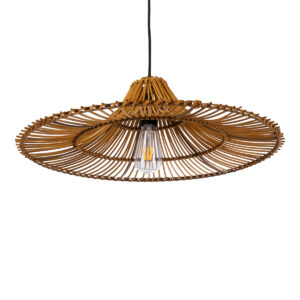 GloboStar® PALERMO 02310 Boho Κρεμαστό Φωτιστικό Οροφής Μονόφωτο 1 x E27 AC220-240V IP20 – Φ60 x Υ18cm – Μπεζ Καφέ Ξύλινο Μπαμπού Πλέγμα – 5 Χρόνια Εγγύηση