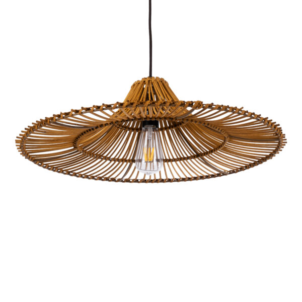 GloboStar® PALERMO 02310 Boho Κρεμαστό Φωτιστικό Οροφής Μονόφωτο 1 x E27 AC220-240V IP20 – Φ60 x Υ18cm – Μπεζ Καφέ Ξύλινο Μπαμπού Πλέγμα – 5 Χρόνια Εγγύηση