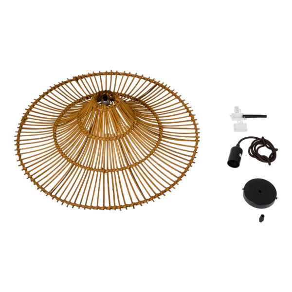 GloboStar® PALERMO 02310 Boho Κρεμαστό Φωτιστικό Οροφής Μονόφωτο 1 x E27 AC220-240V IP20 – Φ60 x Υ18cm – Μπεζ Καφέ Ξύλινο Μπαμπού Πλέγμα – 5 Χρόνια Εγγύηση