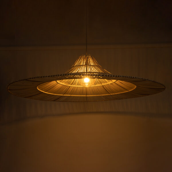 GloboStar® PALERMO 02311 Boho Κρεμαστό Φωτιστικό Οροφής Μονόφωτο 1 x E27 AC220-240V IP20 – Φ160 x Υ45cm – Μπεζ Ξύλινο Μπαμπού Πλέγμα – 5 Χρόνια Εγγύηση