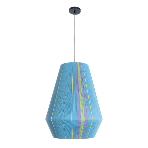 GloboStar® SALERNO 02336 Boho Κρεμαστό Φωτιστικό Οροφής Μονόφωτο 1 x E27 AC220-240V IP20 – Φ50 x Υ60cm – Γαλάζιο με Μωβ και Πράσινο με Κίτρινες Λεπτομέριες Λεπτό Νήμα Βαμβακερό Πλέγμα