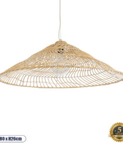 GloboStar® KAIA 02347 Boho Κρεμαστό Φωτιστικό Οροφής Μονόφωτο 1 x E27 AC220-240V IP20 – Φ80 x Υ26cm – Μπεζ Ξύλινο Μπαμπού Πλέγμα Καμπάνα – 5 Χρόνια Εγγύηση