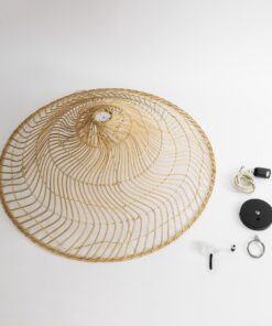 GloboStar® KAIA 02347 Boho Κρεμαστό Φωτιστικό Οροφής Μονόφωτο 1 x E27 AC220-240V IP20 – Φ80 x Υ26cm – Μπεζ Ξύλινο Μπαμπού Πλέγμα Καμπάνα – 5 Χρόνια Εγγύηση