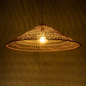 GloboStar® KAIA 02347 Boho Κρεμαστό Φωτιστικό Οροφής Μονόφωτο 1 x E27 AC220-240V IP20 – Φ80 x Υ26cm – Μπεζ Ξύλινο Μπαμπού Πλέγμα Καμπάνα – 5 Χρόνια Εγγύηση