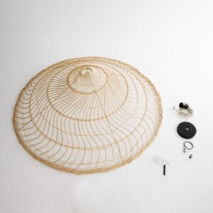 GloboStar® KAIA 02348 Boho Κρεμαστό Φωτιστικό Οροφής Μονόφωτο 1 x E27 AC220-240V IP20 – Φ100 x Υ30cm – Μπεζ Ξύλινο Μπαμπού Πλέγμα Καμπάνα – 5 Χρόνια Εγγύηση