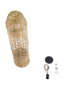 GloboStar® WAIKIKI 02350 Boho Κρεμαστό Φωτιστικό Οροφής Μονόφωτο 1 x E27 AC220-240V IP20 – Φ20 x Υ80cm – Μπεζ Ξύλινο Μπαμπού Πλέγμα Καμπάνα