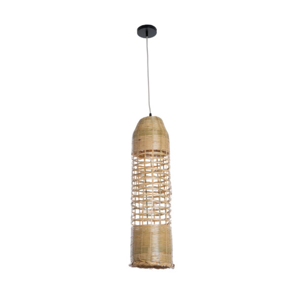 GloboStar® WAIKIKI 02350 Boho Κρεμαστό Φωτιστικό Οροφής Μονόφωτο 1 x E27 AC220-240V IP20 – Φ20 x Υ80cm – Μπεζ Ξύλινο Μπαμπού Πλέγμα Καμπάνα