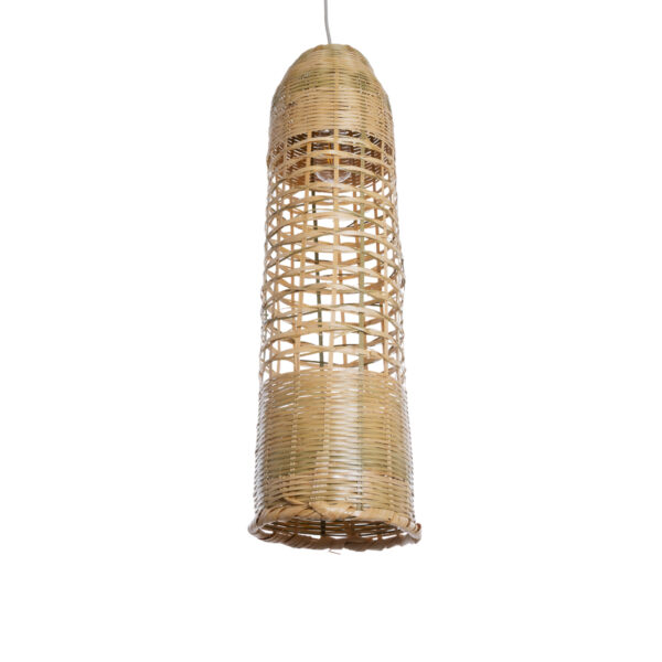 GloboStar® WAIKIKI 02350 Boho Κρεμαστό Φωτιστικό Οροφής Μονόφωτο 1 x E27 AC220-240V IP20 – Φ20 x Υ80cm – Μπεζ Ξύλινο Μπαμπού Πλέγμα Καμπάνα