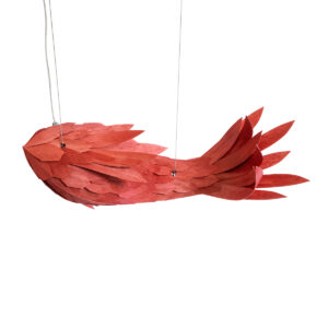 GloboStar® GOURAMI 02360 Boho Κρεμαστό Φωτιστικό Οροφής Μονόφωτο 1 x E27 AC220-240V IP20 – Μ70 x Π40 x Υ27cm – Κόκκινο Λεπτό Φύλλο Ξύλου Πλέγμα