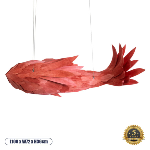 GloboStar® GOURAMI 02361 Boho Κρεμαστό Φωτιστικό Οροφής Μονόφωτο 1 x E27 AC220-240V IP20 – Μ100 x Π72 x Υ36cm – Κόκκινο Λεπτό Φύλλο Ξύλου Πλέγμα