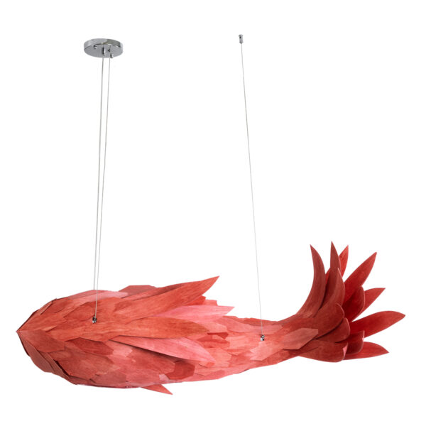 GloboStar® GOURAMI 02361 Boho Κρεμαστό Φωτιστικό Οροφής Μονόφωτο 1 x E27 AC220-240V IP20 – Μ100 x Π72 x Υ36cm – Κόκκινο Λεπτό Φύλλο Ξύλου Πλέγμα