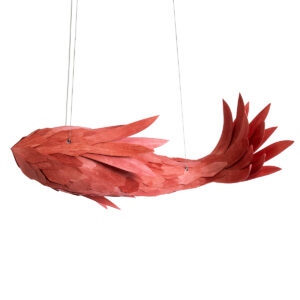 GloboStar® GOURAMI 02361 Boho Κρεμαστό Φωτιστικό Οροφής Μονόφωτο 1 x E27 AC220-240V IP20 – Μ100 x Π72 x Υ36cm – Κόκκινο Λεπτό Φύλλο Ξύλου Πλέγμα
