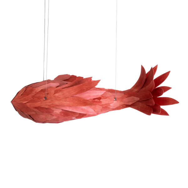 GloboStar® GOURAMI 02361 Boho Κρεμαστό Φωτιστικό Οροφής Μονόφωτο 1 x E27 AC220-240V IP20 – Μ100 x Π72 x Υ36cm – Κόκκινο Λεπτό Φύλλο Ξύλου Πλέγμα