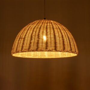 GloboStar® MONTANA 02378 Boho Κρεμαστό Φωτιστικό Οροφής Μονόφωτο 1 x E27 AC220-240V IP20 – Φ50 x Υ25cm – Μπεζ Μπαμπού Πλέγμα Καμπάνα – 5 Χρόνια Εγγύηση