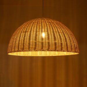 GloboStar® MONTANA 02379 Boho Κρεμαστό Φωτιστικό Οροφής Μονόφωτο 1 x E27 AC220-240V IP20 – Φ80 x Υ40cm – Μπεζ Μπαμπού Πλέγμα Καμπάνα – 5 Χρόνια Εγγύηση