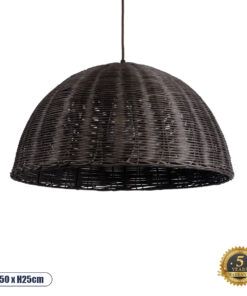 GloboStar® MONTANA 02381 Boho Κρεμαστό Φωτιστικό Οροφής Μονόφωτο 1 x E27 AC220-240V IP20 – Φ50 x Υ25cm – Σκούρο Καφέ Μπαμπού Πλέγμα Καμπάνα – 5 Χρόνια Εγγύηση