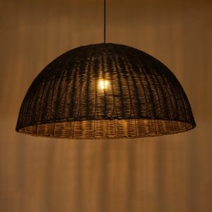 GloboStar® MONTANA 02382 Boho Κρεμαστό Φωτιστικό Οροφής Μονόφωτο 1 x E27 AC220-240V IP20 – Φ80 x Υ40cm – Σκούρο Καφέ Μπαμπού Πλέγμα Καμπάνα – 5 Χρόνια Εγγύηση