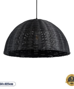 GloboStar® MONTANA 02383 Boho Κρεμαστό Φωτιστικό Οροφής Μονόφωτο 1 x E27 AC220-240V IP20 – Φ50 x Υ25cm – Μαύρο Μπαμπού Πλέγμα Καμπάνα – 5 Χρόνια Εγγύηση