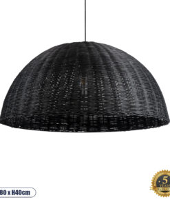 GloboStar® MONTANA 02384 Boho Κρεμαστό Φωτιστικό Οροφής Μονόφωτο 1 x E27 AC220-240V IP20 – Φ80 x Υ40cm – Μαύρο Μπαμπού Πλέγμα Καμπάνα – 5 Χρόνια Εγγύηση