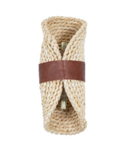 GloboStar® GUAVA 02385 Boho Φωτιστικό Τοίχου – Απλίκα Δίφωτο 2 x G9 AC220-240V IP20 – Μ11 x Π13 x Υ30cm – Μπεζ Ξύλινο Μπαμπού Πλέγμα με Καφέ Δέρμα