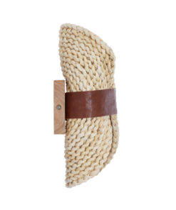 GloboStar® GUAVA 02385 Boho Φωτιστικό Τοίχου – Απλίκα Δίφωτο 2 x G9 AC220-240V IP20 – Μ11 x Π13 x Υ30cm – Μπεζ Ξύλινο Μπαμπού Πλέγμα με Καφέ Δέρμα